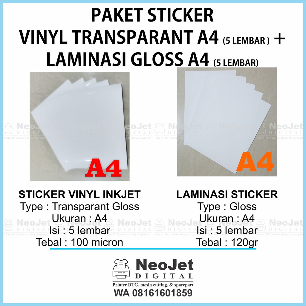 Jual Paket Sticker Vinyl Inkjet Transparan Glossy Laminasi Glossy A