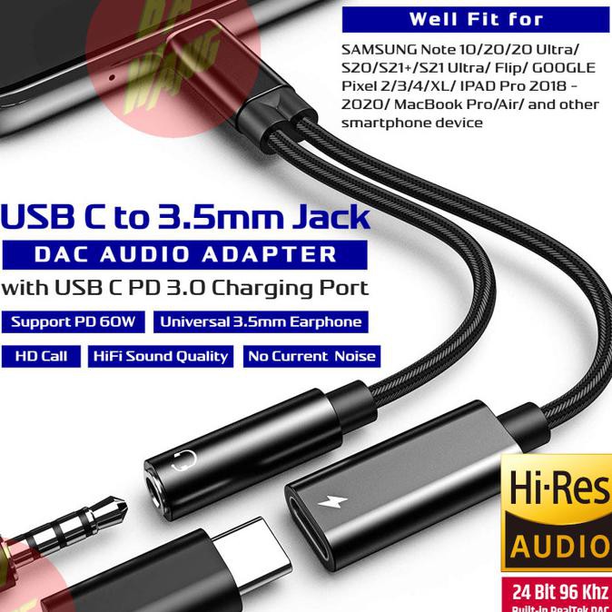 Type-C Adapter, 2 in 1 USB C to 3.5mm Headphone and Charger Adapter, PD/QC  Fast Charging Hi-Res Sound Compatible with iPad Pro 2020/ 2018, Galaxy  Note20/ S20/ Note10, Google Pixel 4/ 3