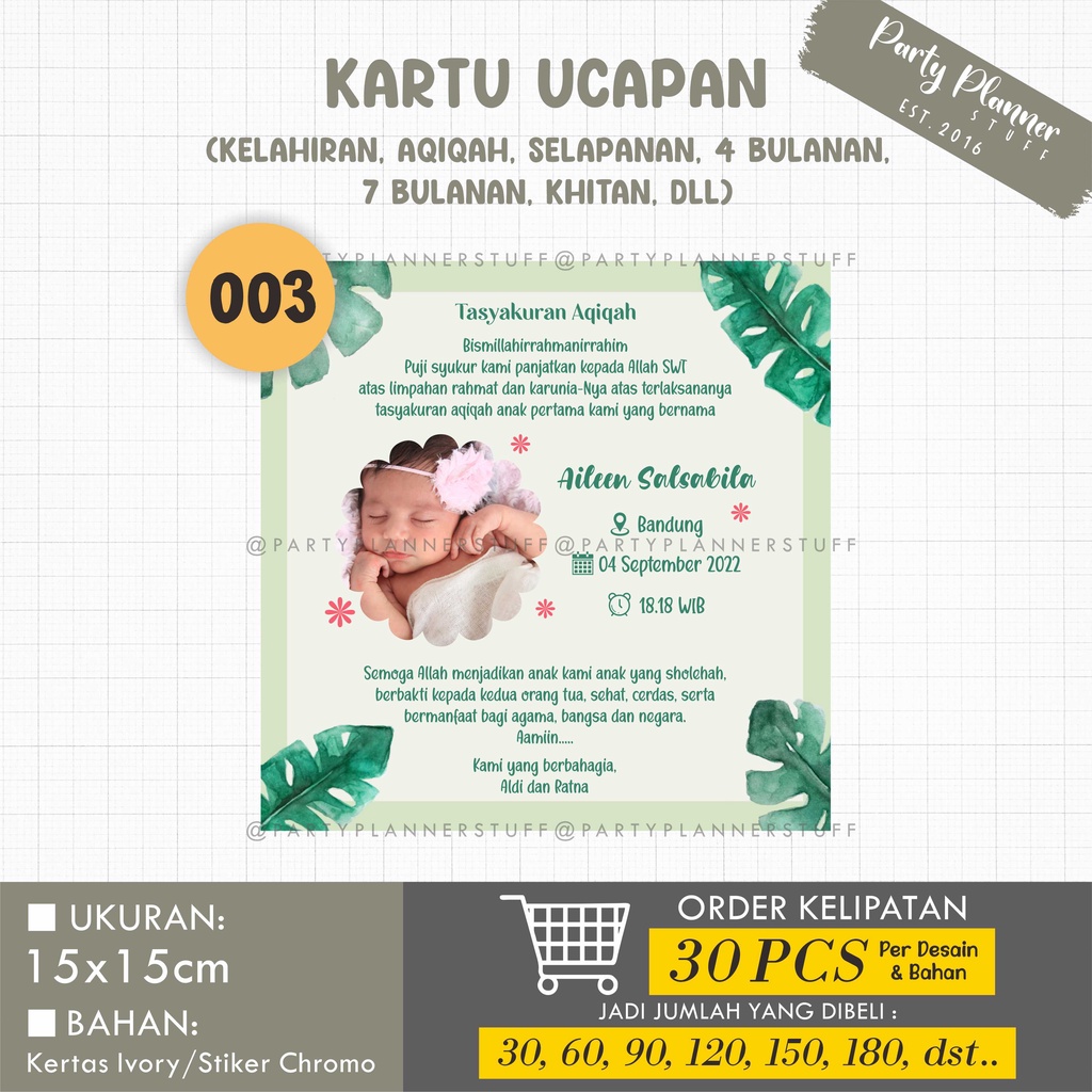 Jual Kartu ucapan tasyakuran aqiqah / stiker ucapan kelahiran bayi