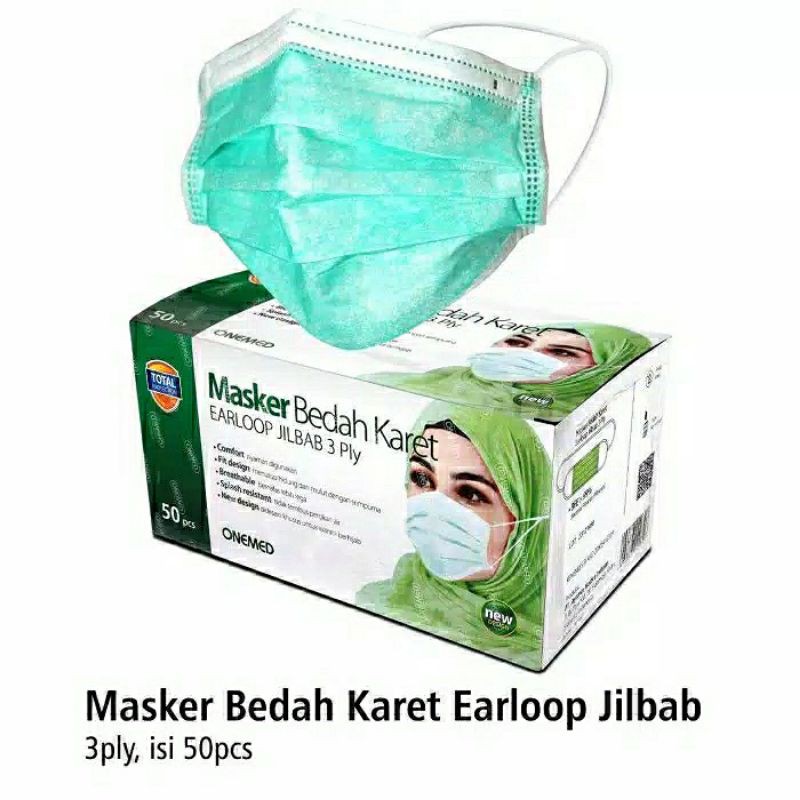 Jual Masker Jilbab Green OneMed Box 50pcs / Masker Non Woven 3 Ply ...