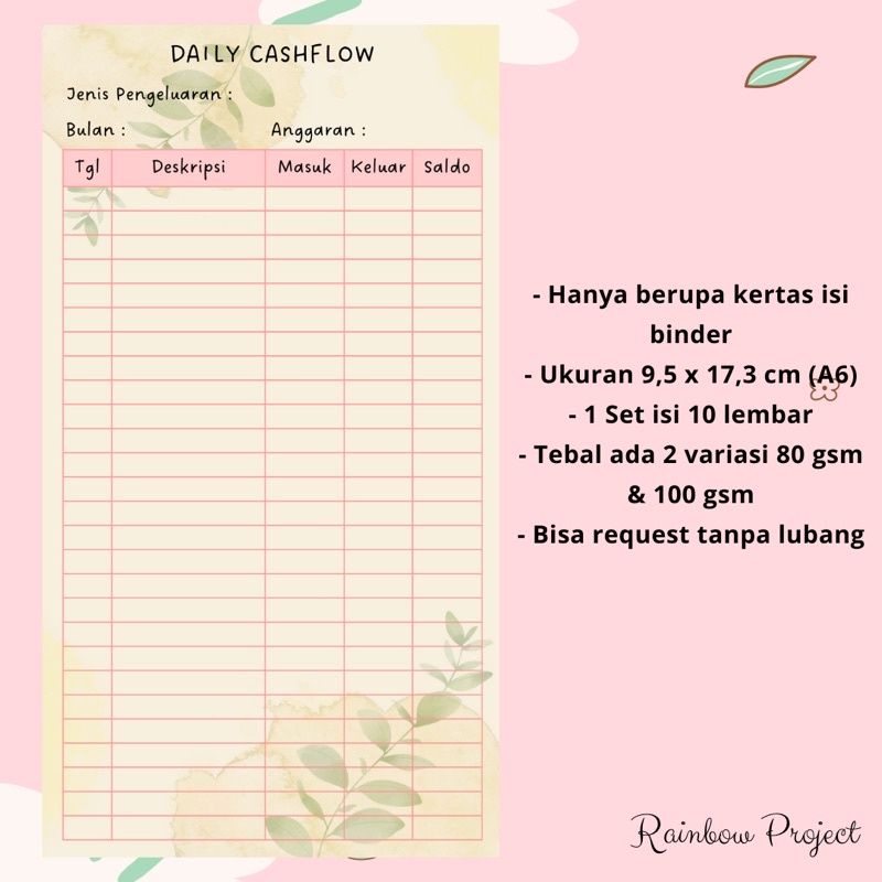 Jual Loose Leaf Kertas Refill Isi Binder A6 Daily Cashflow Catatan ...