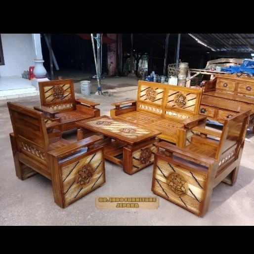 Jual 1 set meja kursi ruang tamu kayu jati model minimalis dan simple