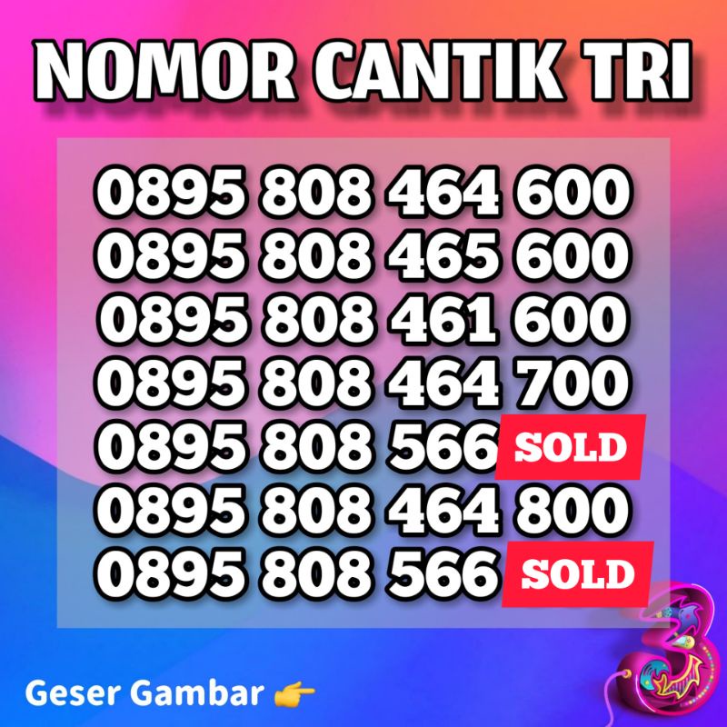 Jual Kartu Perdana Tri 3 Nomor Cantik Rapih Mudah Diingat | Shopee ...