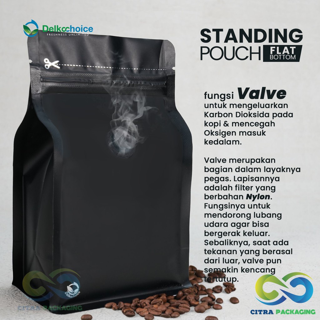 Jual KEMASAN KOPI STANDING POUCH FLAT BOTTOM VALVE - ALU FOIL PACKAGING