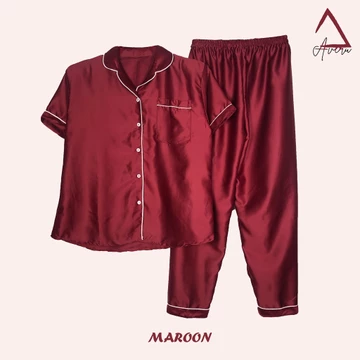 AVERU Baju Tidur Wanita Piyama Setelan Satin CP Celana Panjang Polos