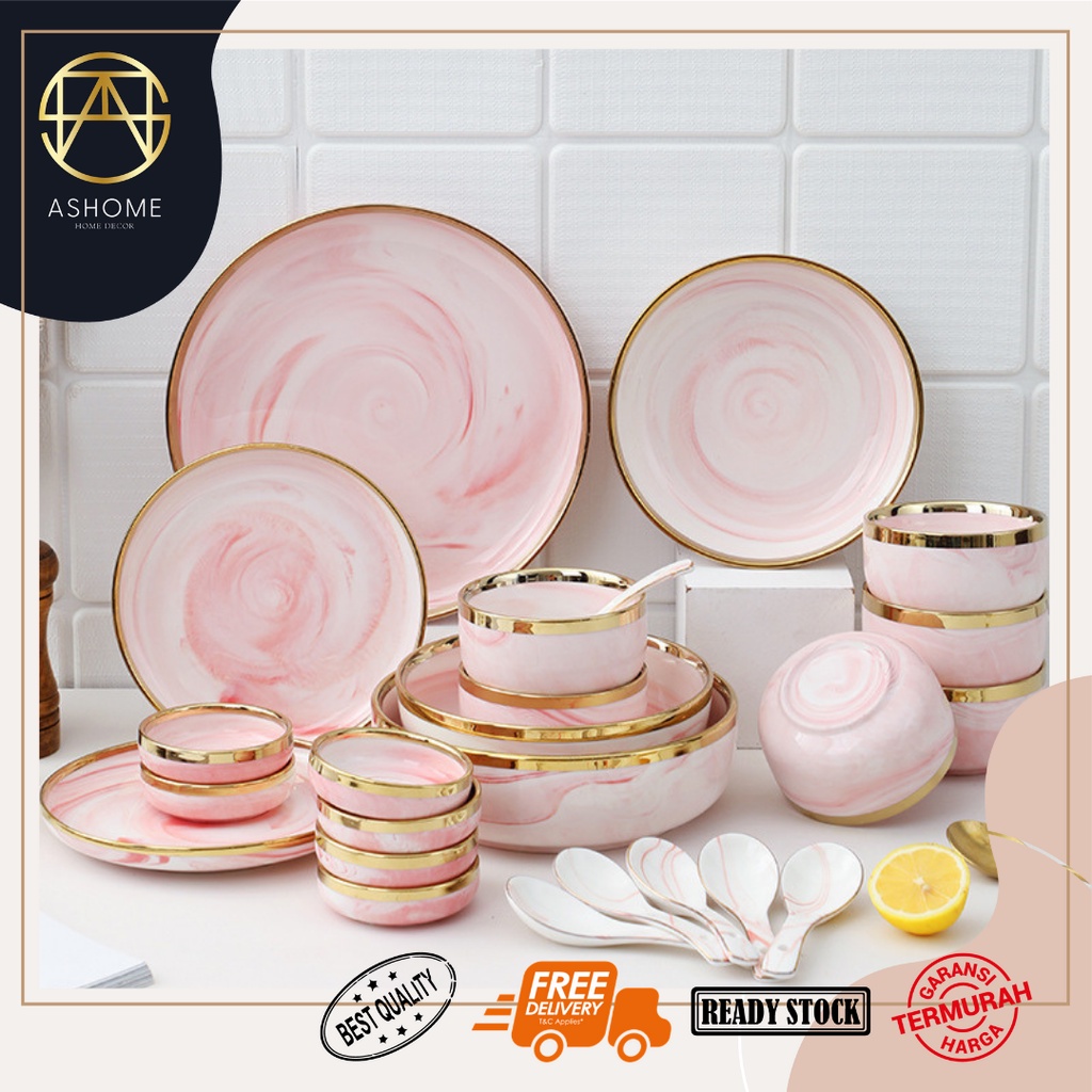 Jual Ashome Piring Keramik Pink Marble List Gold Elegan Piring Keramik Motif Marmer Pink List 7159