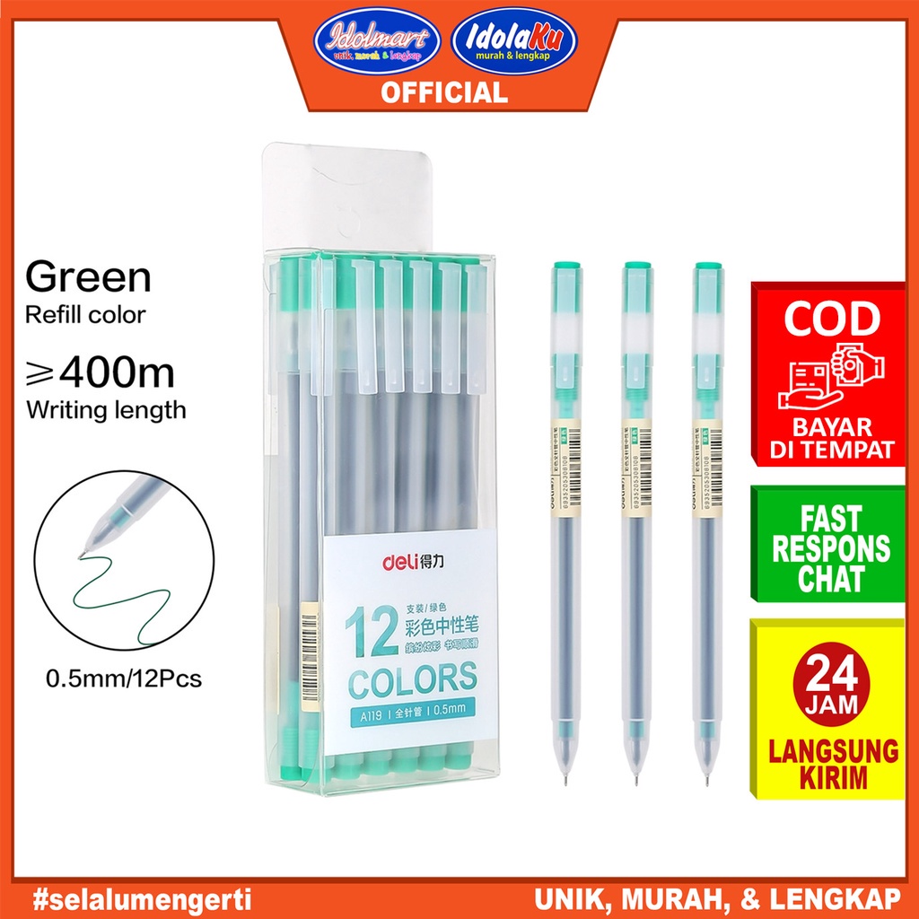 Jual IDOLMART Deli Pulpen Gel Pen A119 Hijau / Tip 0.5mm Panjang