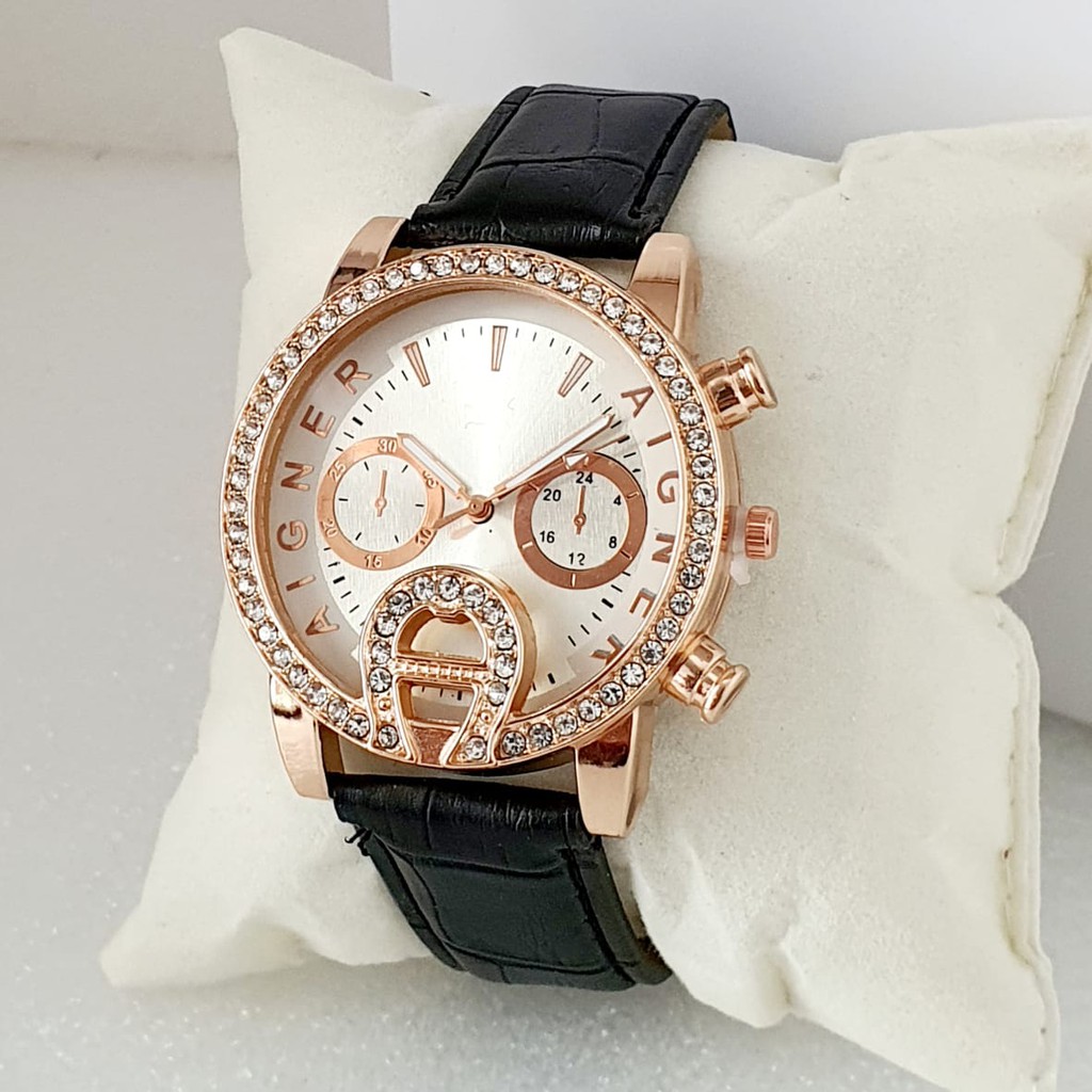 Jam tangan analog AIGNER Diamond Chrono fake strap kulit free box dan baterai cadangan