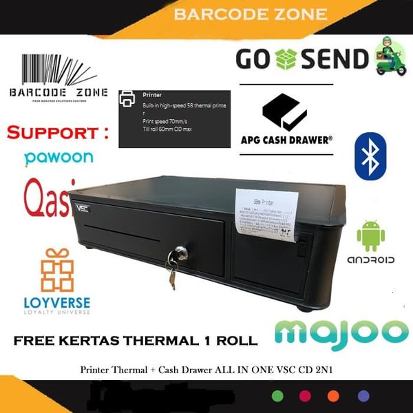 Jual PRINTER THERMAL CASH DRAWER BLUETOOTH VSC CD 2N1PAKET KASIR