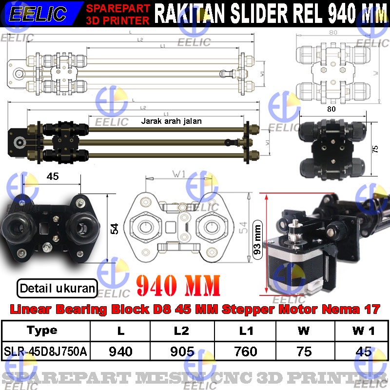Jual EELIC SLR-45D8J750A Rakitan slider rel panjang 940 mm dengan ...
