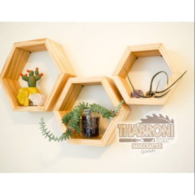 Jual Promo Rak Hexagonal Set Hiasan Dinding Kayu Rak Sudut Kayu Heksagonal Dekorasi Rumah Cafe 0888