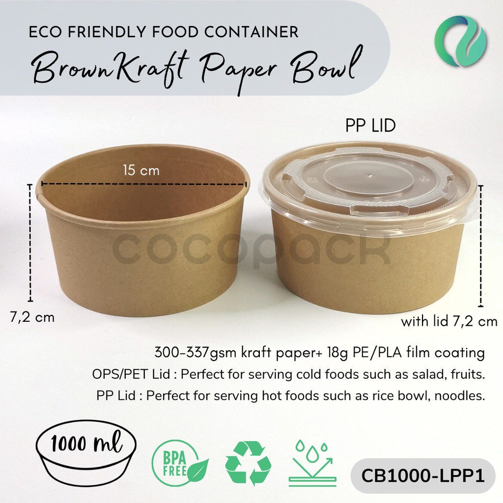 Jual Brown Kraft Paper Salad Bowl PP Lid 1000ml 33oz (10 PCS) | Shopee ...