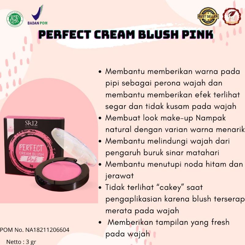 SR12 BLUSH ON 3GR BPOM PERFECT CREAM BLUSH PINK PEACH MEMBERIKAN WARNA PADA  PIPI