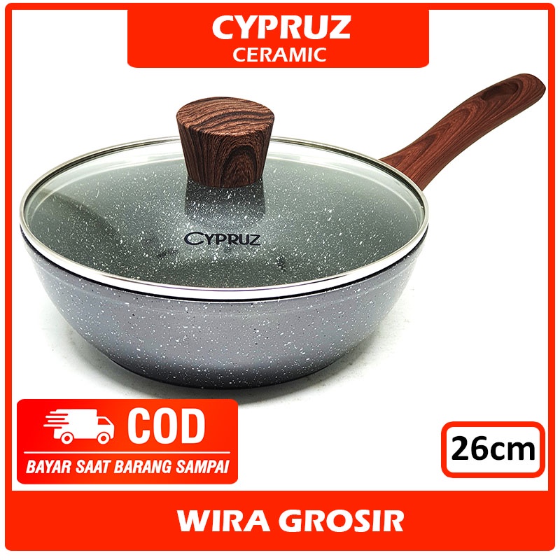 Jual Cypruz Cm Frying Deep Wok Tutup Kaca Induksi Pan Keramik Tanpa Minyak Wajan Marble