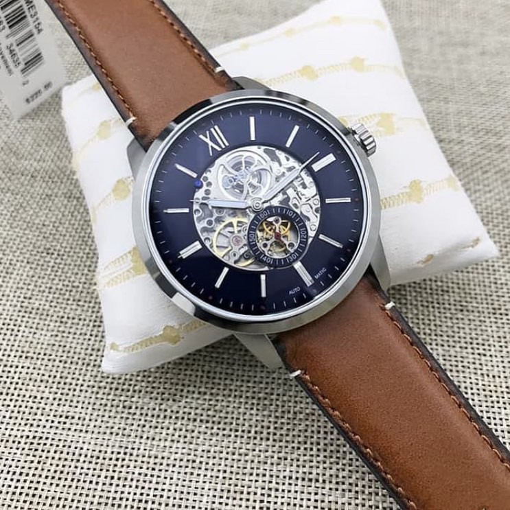 Fossil ME 3154 Townsman Automatic Men Blue Skeleton Dial Light Brown Leather Strap