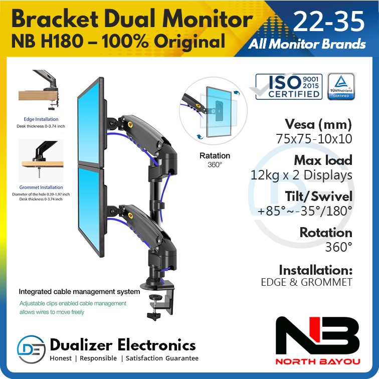 North Bayou Dual Monitor Desk Mount Stand Full Motion Swivel Computer Monitor  Arm Fits 2 Screens up to 35'' with Load Capacity 4.4~26.4lbs for Each  Monitor H180