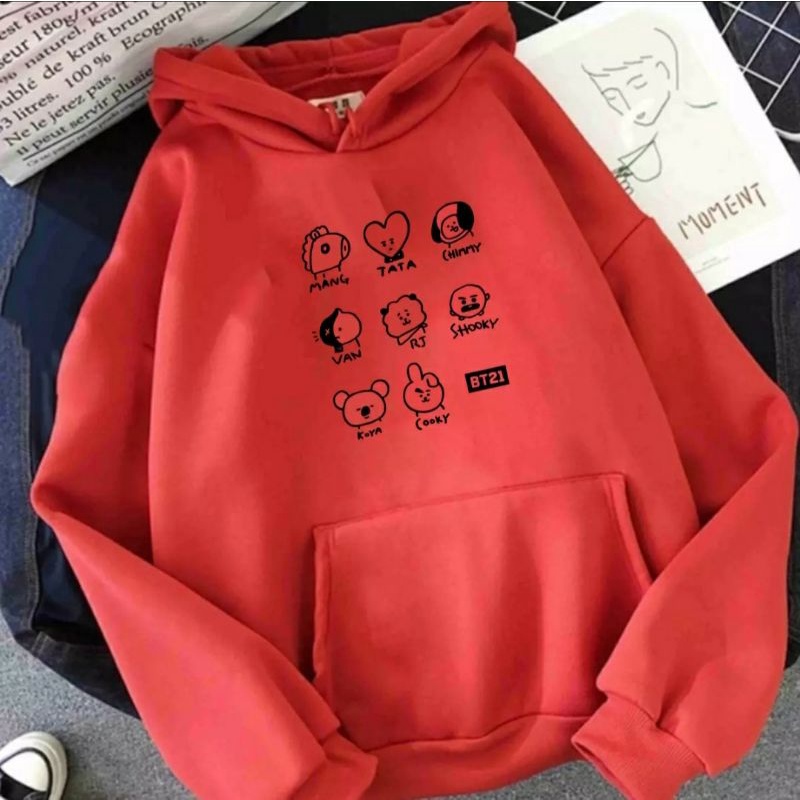 Hoodie Sweater Wanita Cew Tema BT21 BTS Cooky, Van, Mang, Chimmy, RJ,  Tata, Shooky, Koya BISA COD