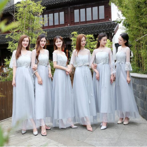 Jual Grey Fashion Korean Style Slim Fit Bridesmaid Wedding Party Dress |  Shopee Indonesia