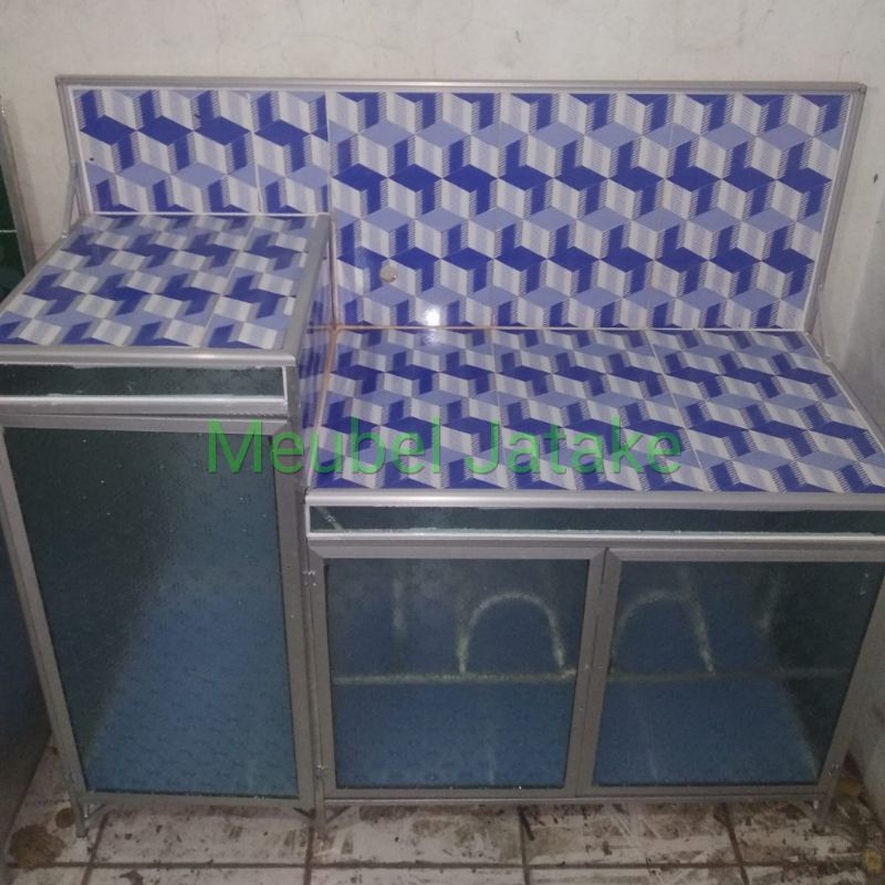Jual Meja Kompor 3 Pintu + Rak Piring Model L Keramik Almunium 115 x 41