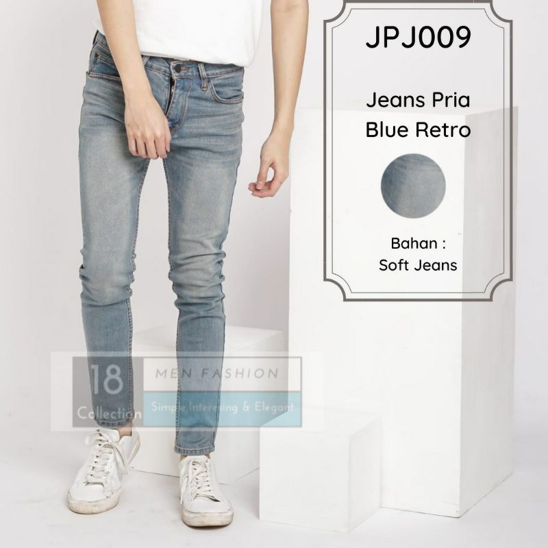 Jual Celana jeans pria blue retro / biru telor asin soft jeans bagus