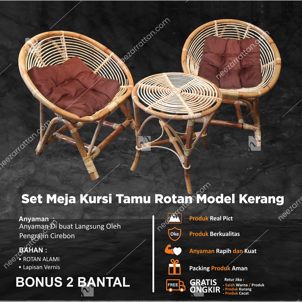 Jual Kursi Teras Tamu Minimalis Set Rotan Kerang Aesthetic Kayu