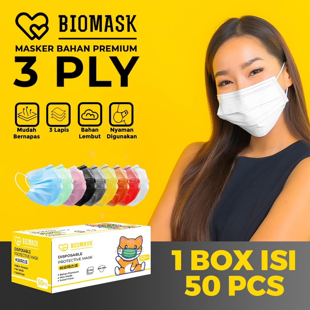 Jual BIOMASK - Masker 3ply 1Box Isi 50pcs Premium PUTIH / Biru / Hitam ...