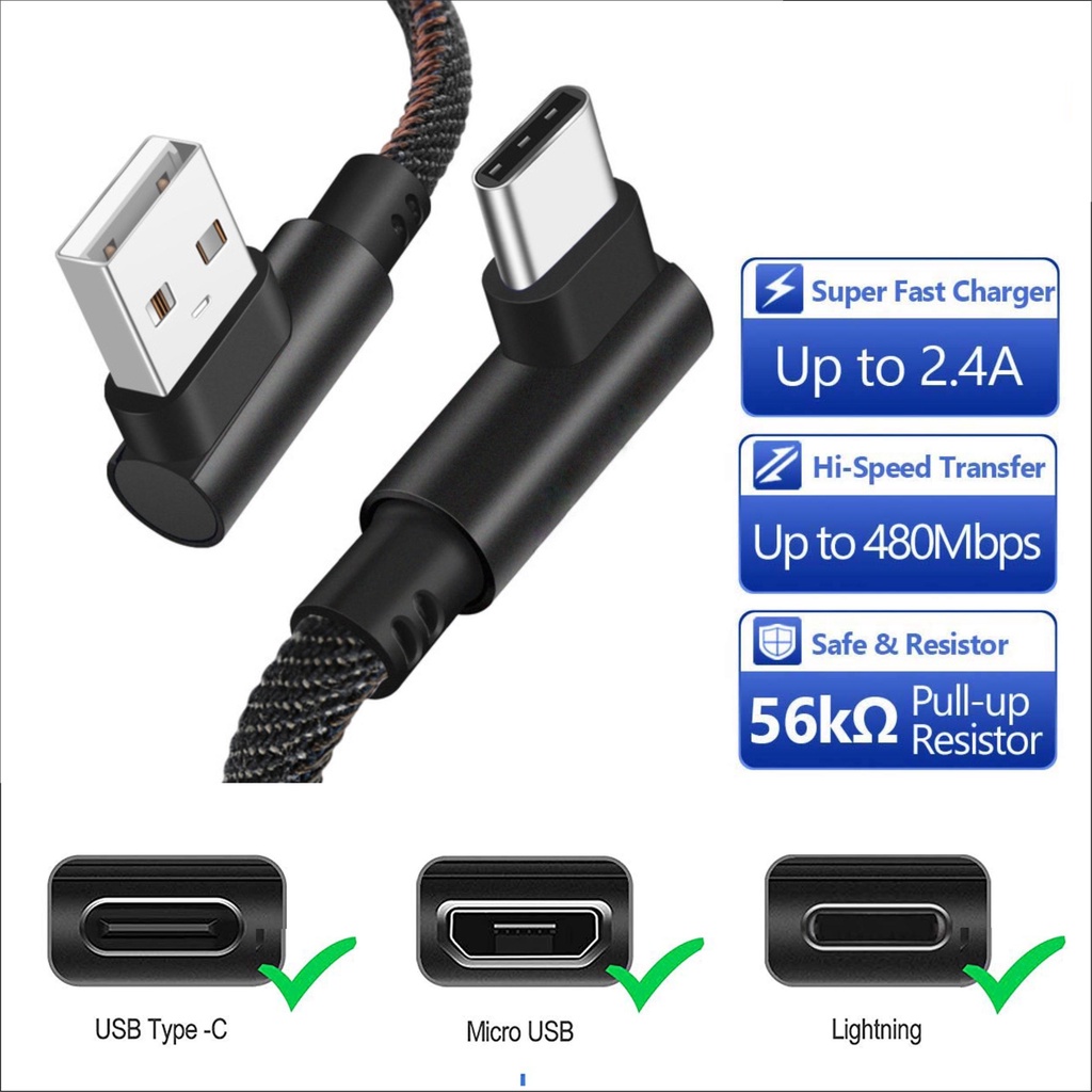 Kabel Data Charger L Gaming series Type C Micro USB Lightning Fast Charging  90 derajat