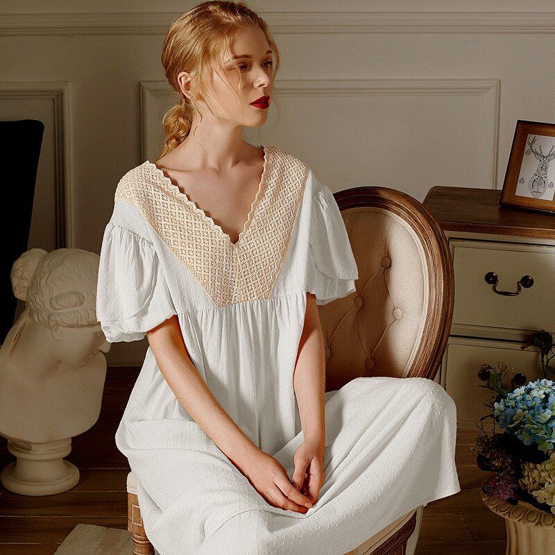 Gaun Tidur Panjang Wanita Vintage Nightgown Women Cotton Sleepwear Robe  Summer Lace V Neck Sleeping
