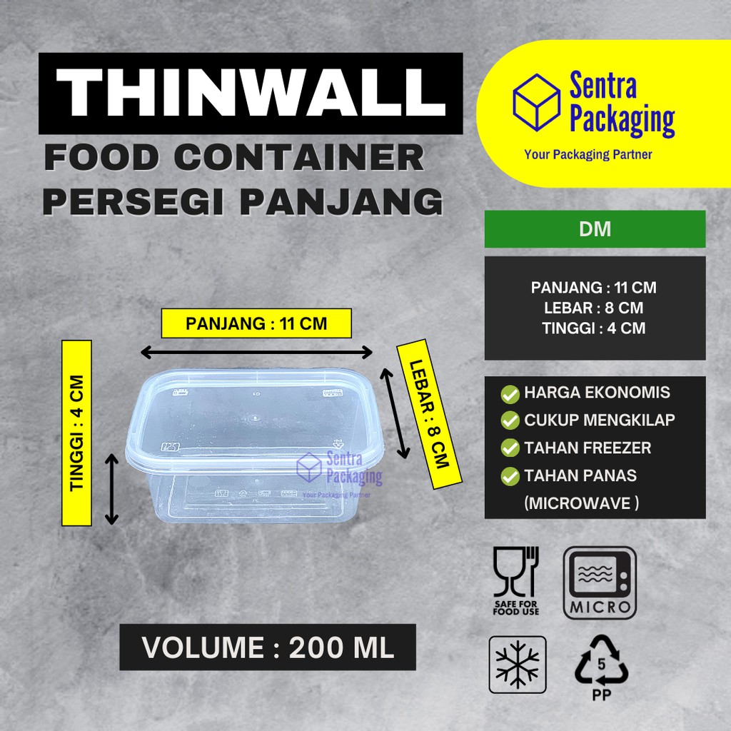 Jual Kotak Makan Plastik 200ml Thinwall Persegi Panjang Food