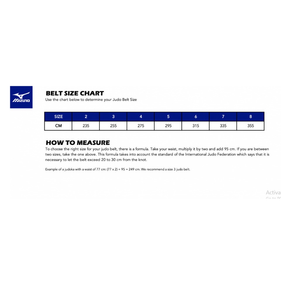 Mizuno belt size chart best sale