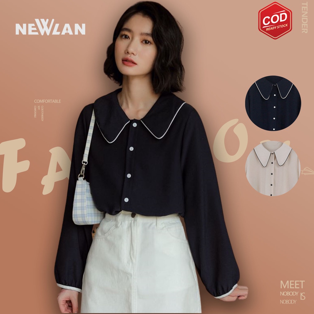 Jual Newlan Xf Atasan Wanita Aline Button Blouse Kemeja Style Prancis Katun Cron Kerah Polo