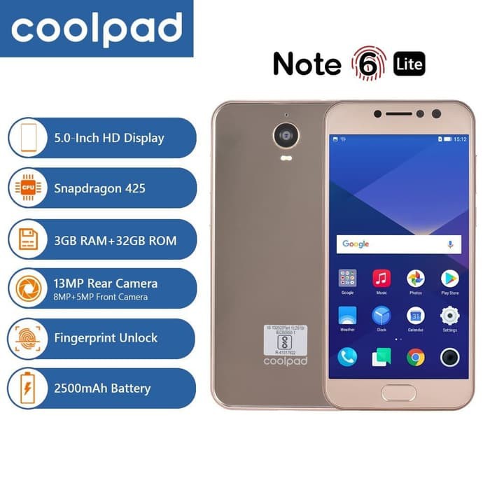 Jual Coolpad Note 6 Lite 5 Inch 4G LTE Ram 3GB Internal 32GB (GOLD ...