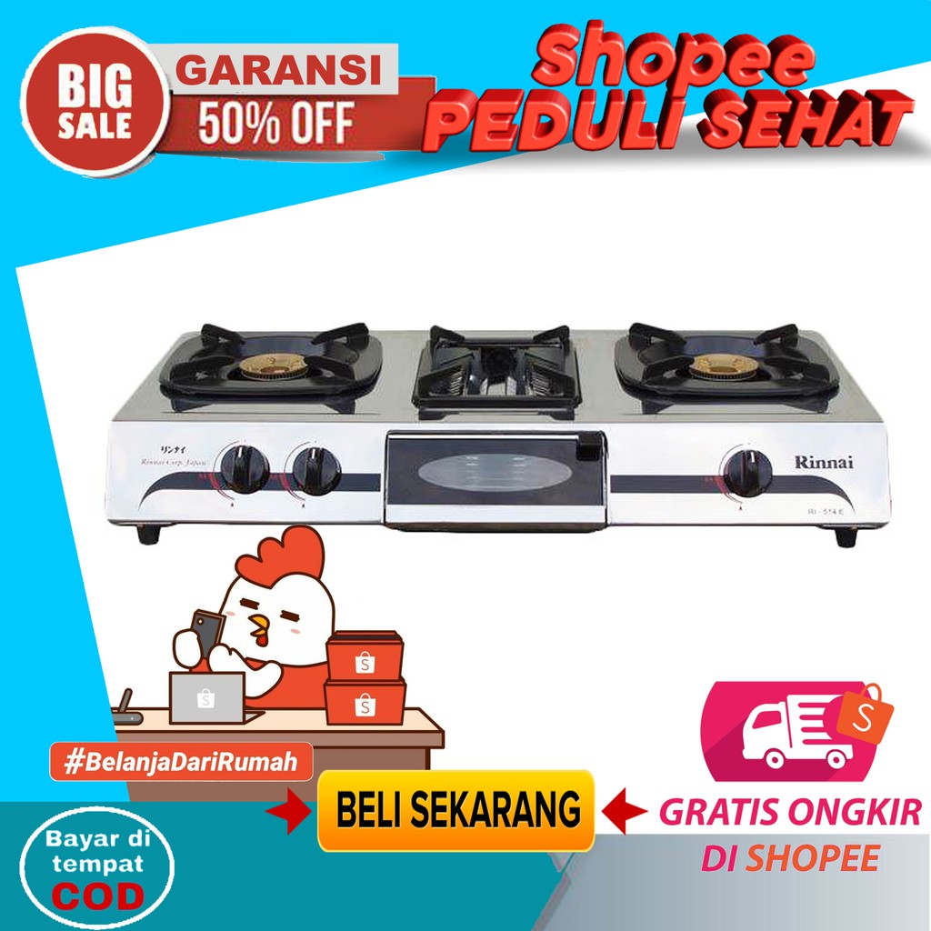Jual Kompor Gas Stove Rinnai 3 Tungku Stainless Ri 514E | Shopee Indonesia