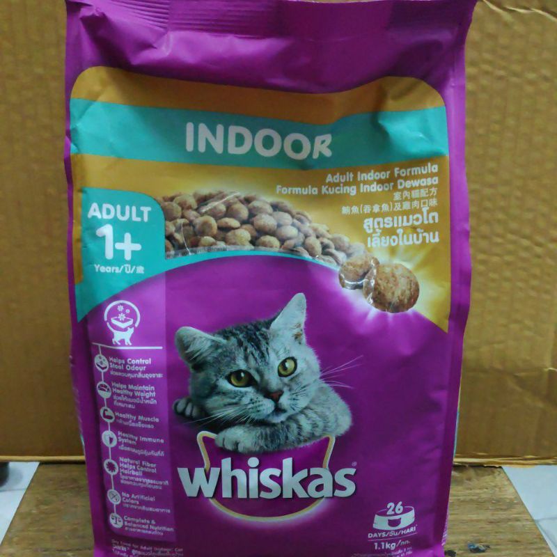 TERBARU WHISKAS INDOOR 1.1KG ADULT CAT DRY FOOD. Makanan kucing kering indoor dalam rumah 1.1kg