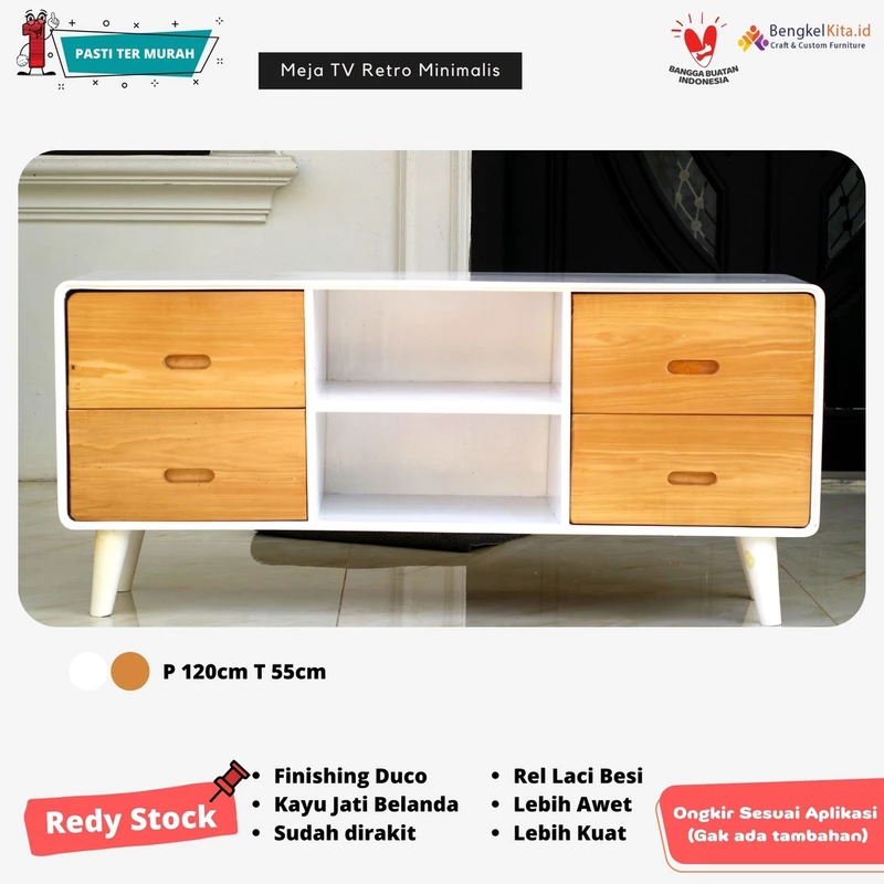 Meja TV Minimalis Luna | Meja TV Retro|Meja Kayu Jati Belanda |Meja Rak TV Minimalis|Kayu Solid Duco