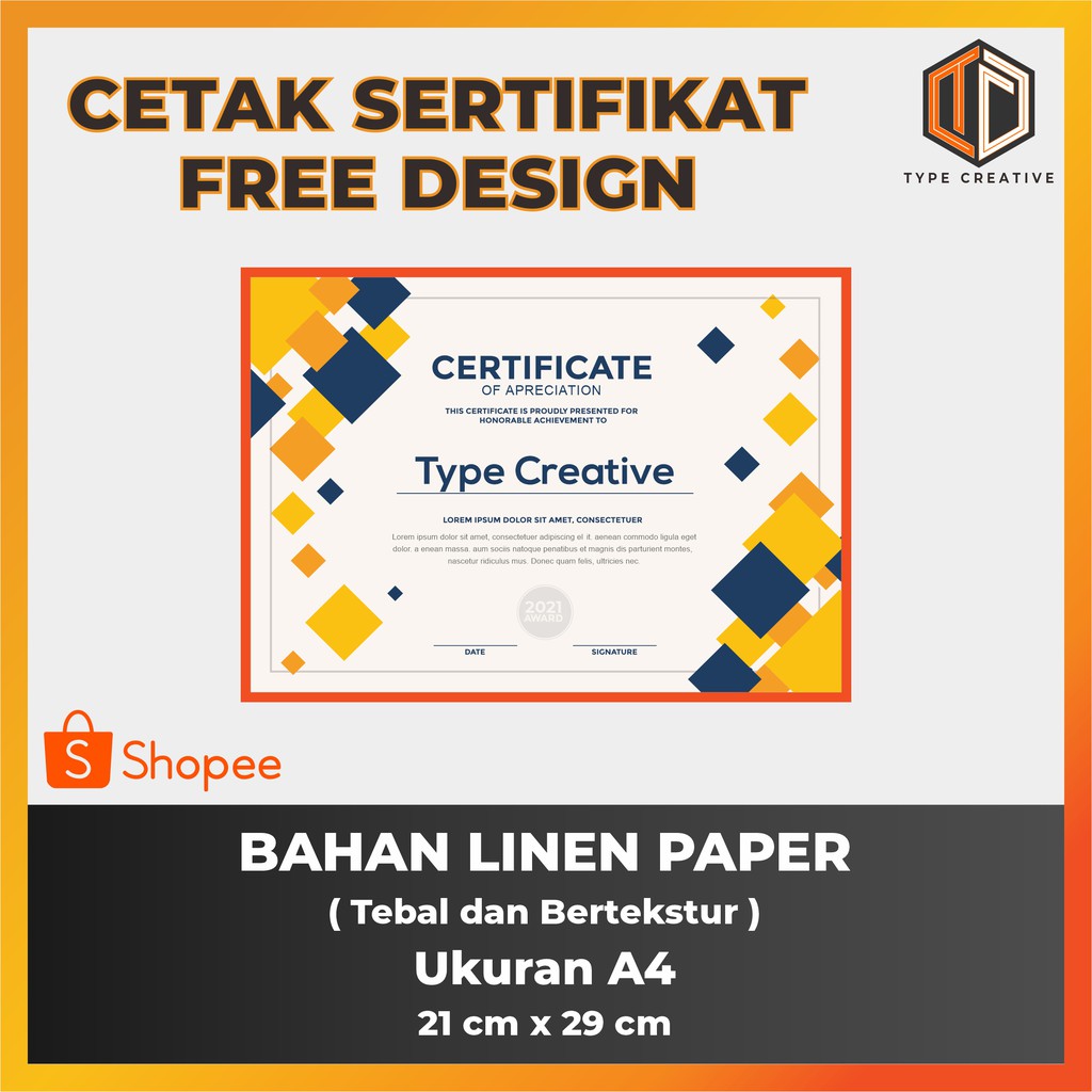 Jual Cetak Sertifikat A4 Bahan Kertas Linen - FREE DESIGN | Shopee ...