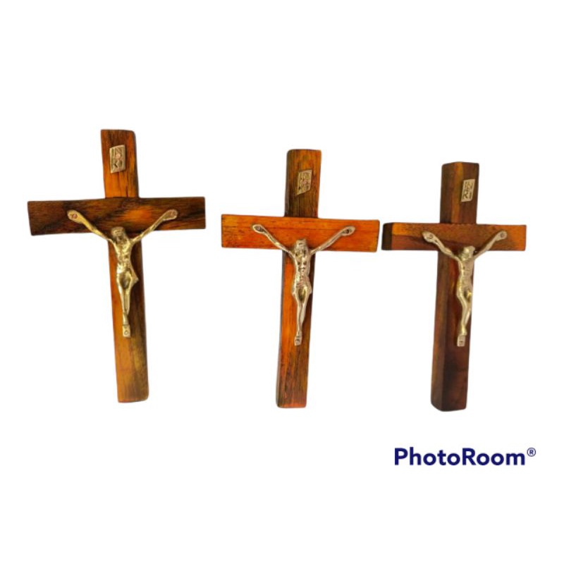 Salib Katolik Kayu Jati Mini Korpus Kuningan 15cm / Salib Dinding 3