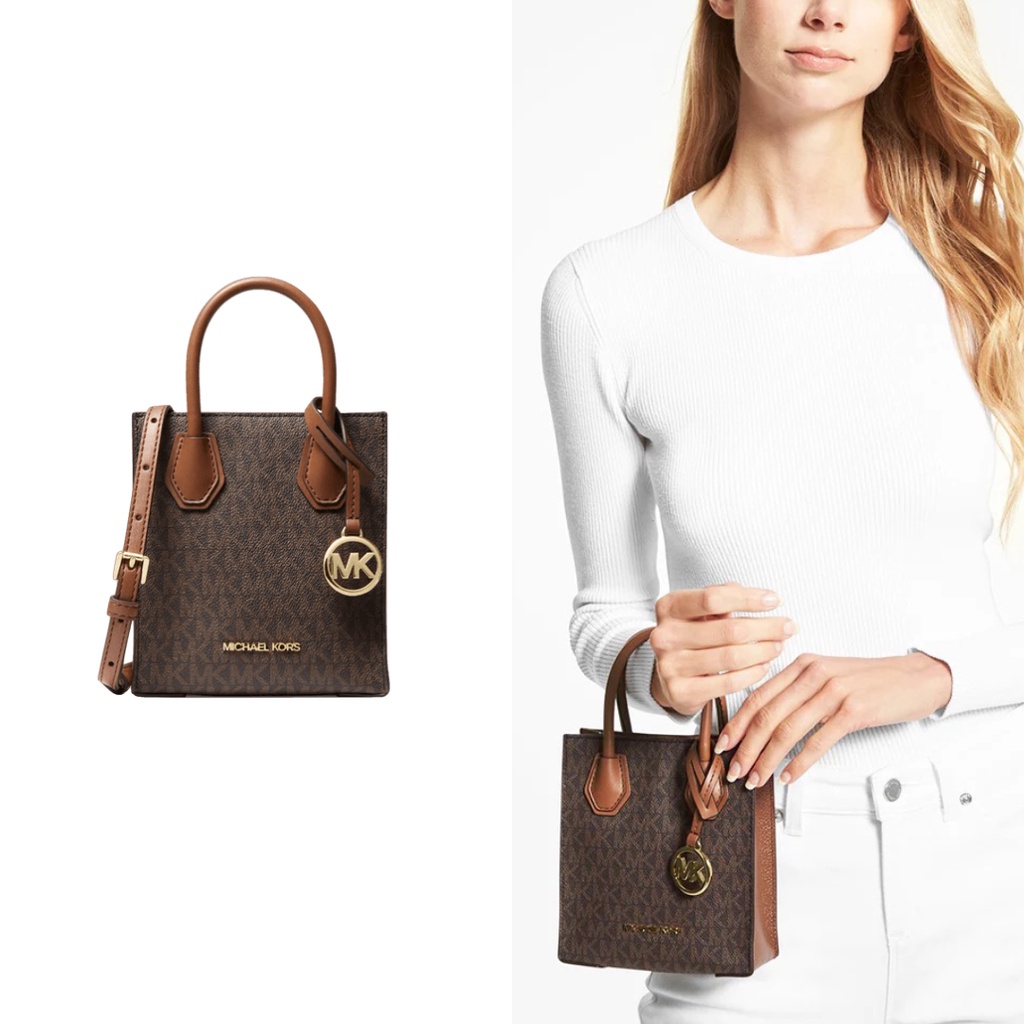 Jual Michael Kors Mercer Extra Small Logo And Leather Crossbody - Brown ...