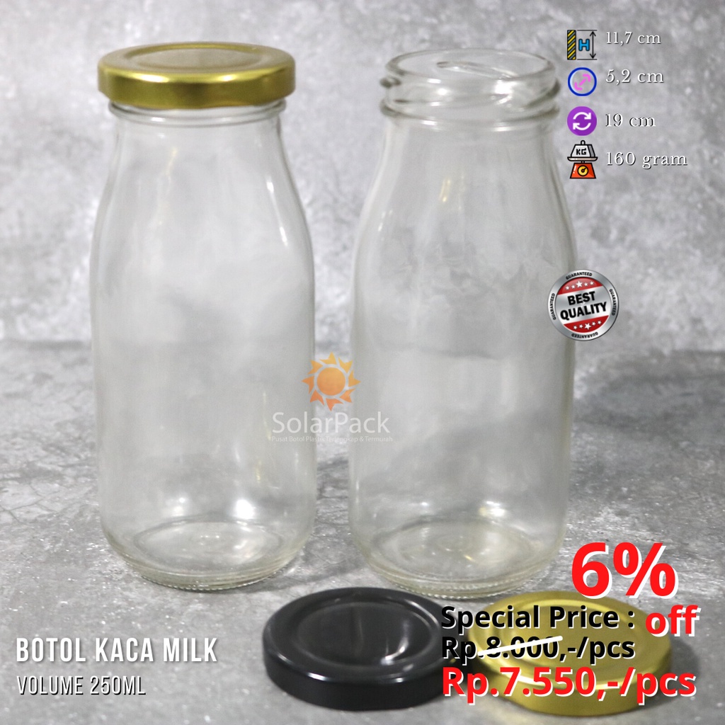 Jual Botol Kaca Bening 250ml Milk Tutup Kaleng Emas Hitam Minimal