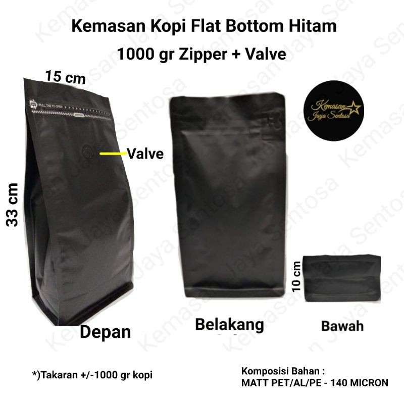 Jual Kemasan Kopi Flat Bottom Import Hitam Kg Zipper N Valve Isi Pcs Standing Pouch