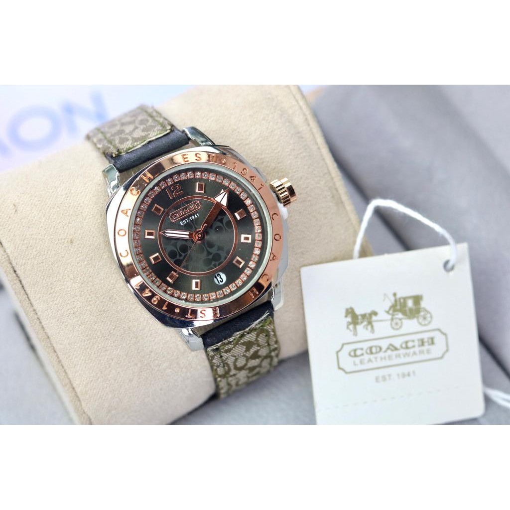 Jam Tangan Wanita Coach Est 1941 Tali Kulit Body Bulat Permata Kecil  Tanggal Aktif Free Box Coach