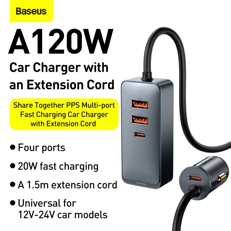 Jual Baseus Original Car Charger Extension Cord Share Together 120W
