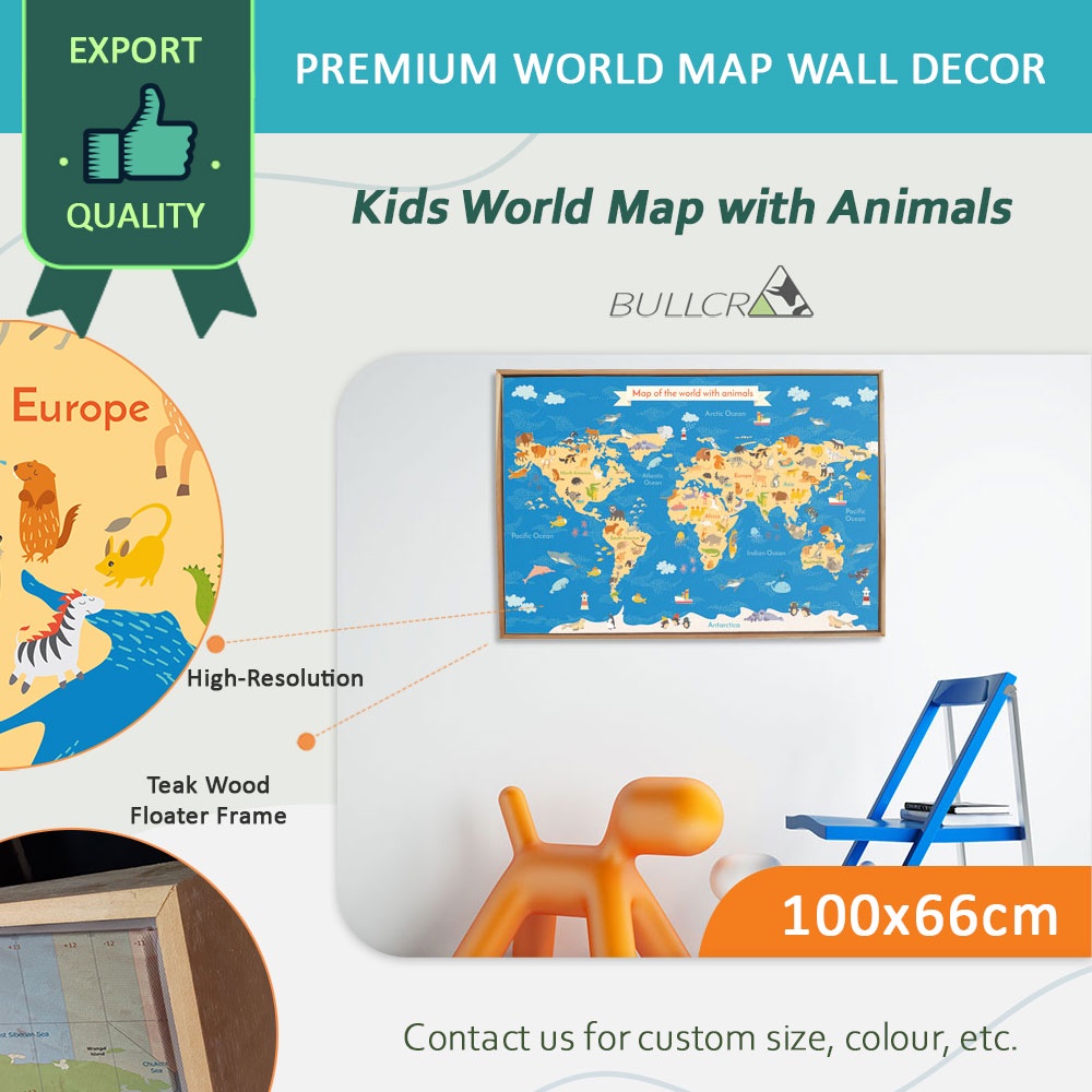 Jual Peta dunia edukasi anak world map kids animal lengkap custom ...