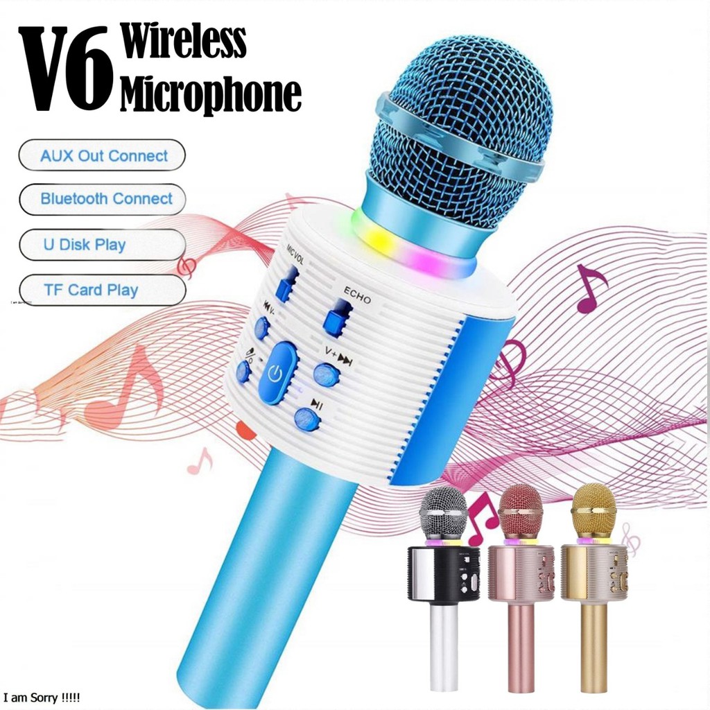 Jual MIC SPEAKER KARAOKE V6 WIRELESS PORTABLE MICROPHONE HIFI