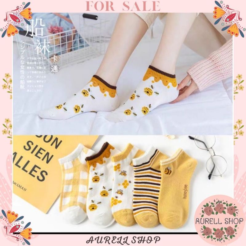 Jual (COD)Kaos Kaki Wanita Motif Bunga Lebah Bee Kuning Fashion Korea