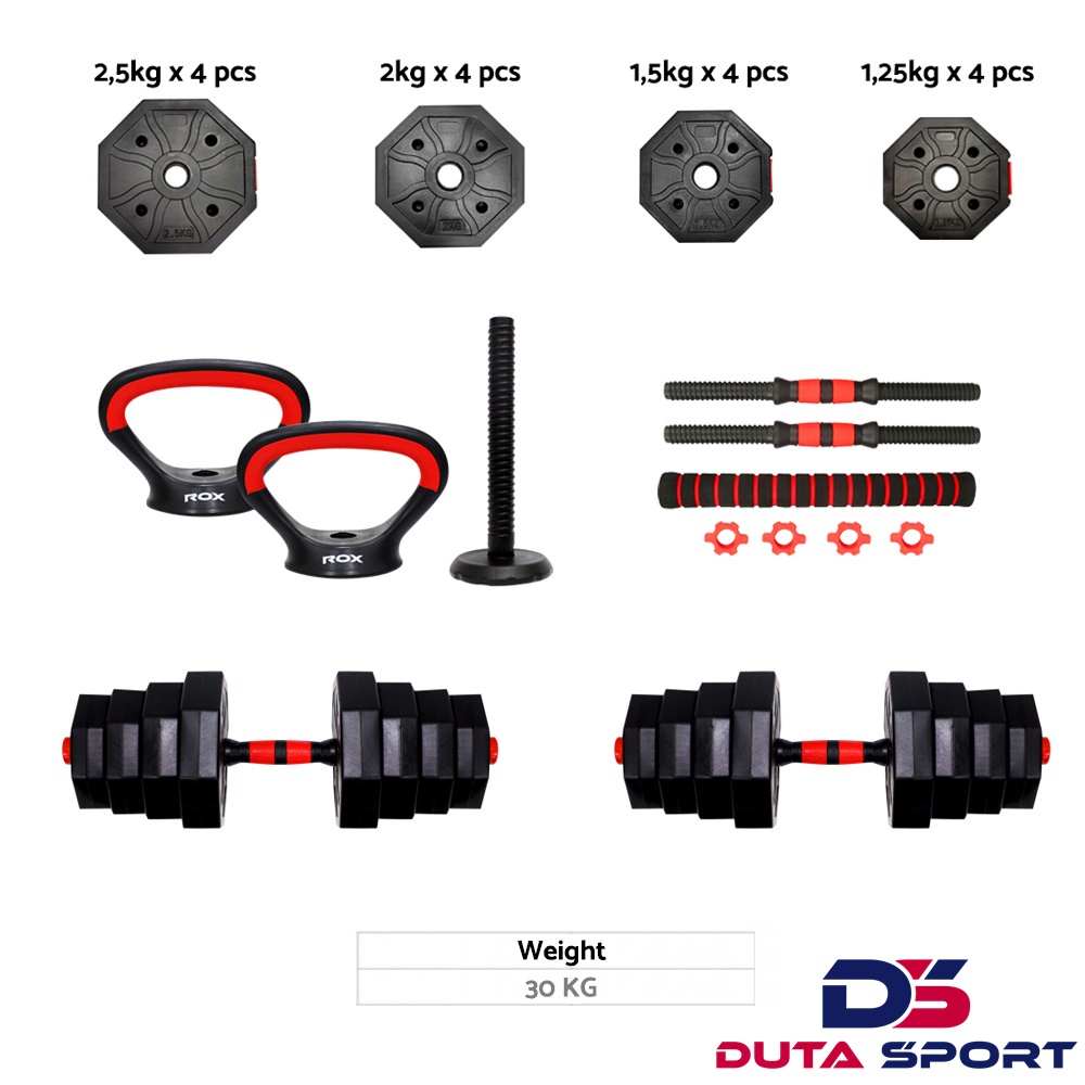 Jual Barbel Multifungsi Dumbbell Kettlebell Barbell PVC ROX 30 Kg
