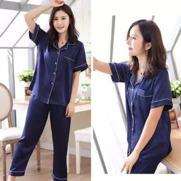 RULIF Baju Tidur Wanita Bahan Satin Halus Polos Lengan Pendek Kerah Kancing
