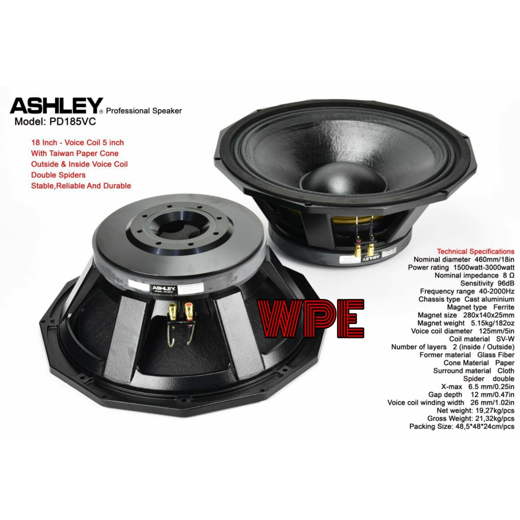 KOMPONEN SPEAKER ASHLEY PD185VC/PD 185VC 18 INCI COIL 5IN 3000 WATT
