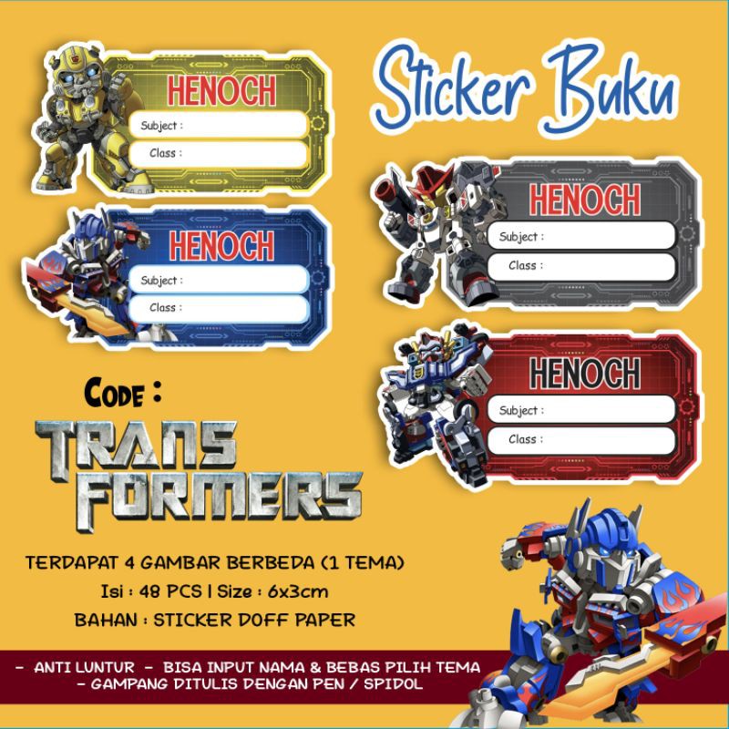 Jual Sticker / Stiker Buku Custom Nama Karakter Tema TRANSFORMERS ...