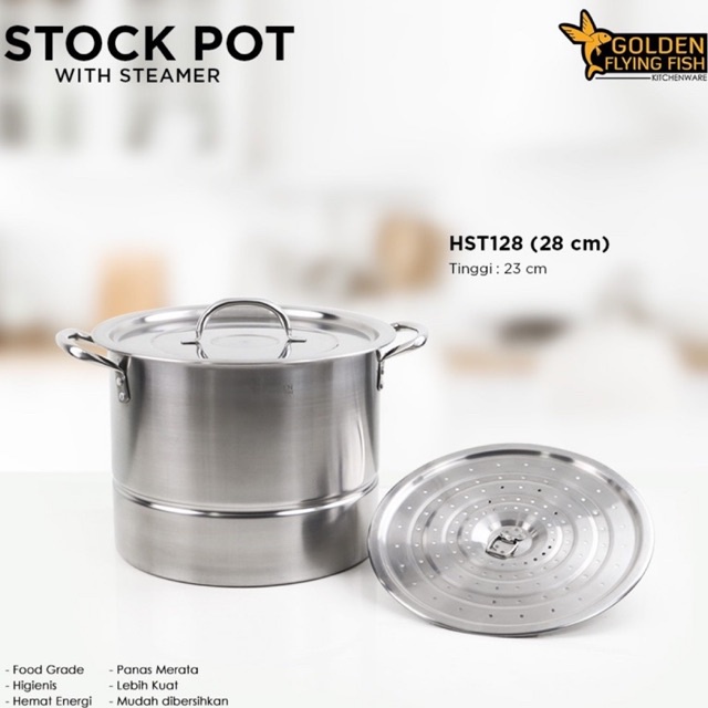 Jual BARU ️Golden Flying Fish Stock Pot with Steamer 28cm Panci